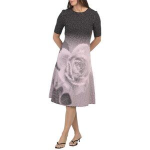 TERI JON Double Knit Dotted Digital Print Short Sleeve Midi Dress
